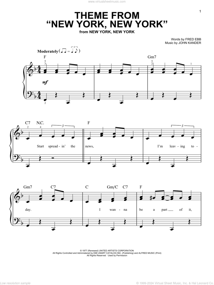 Theme From 'New York, New York', (beginner) sheet music for piano solo by Frank Sinatra, Fred Ebb and John Kander, beginner skill level