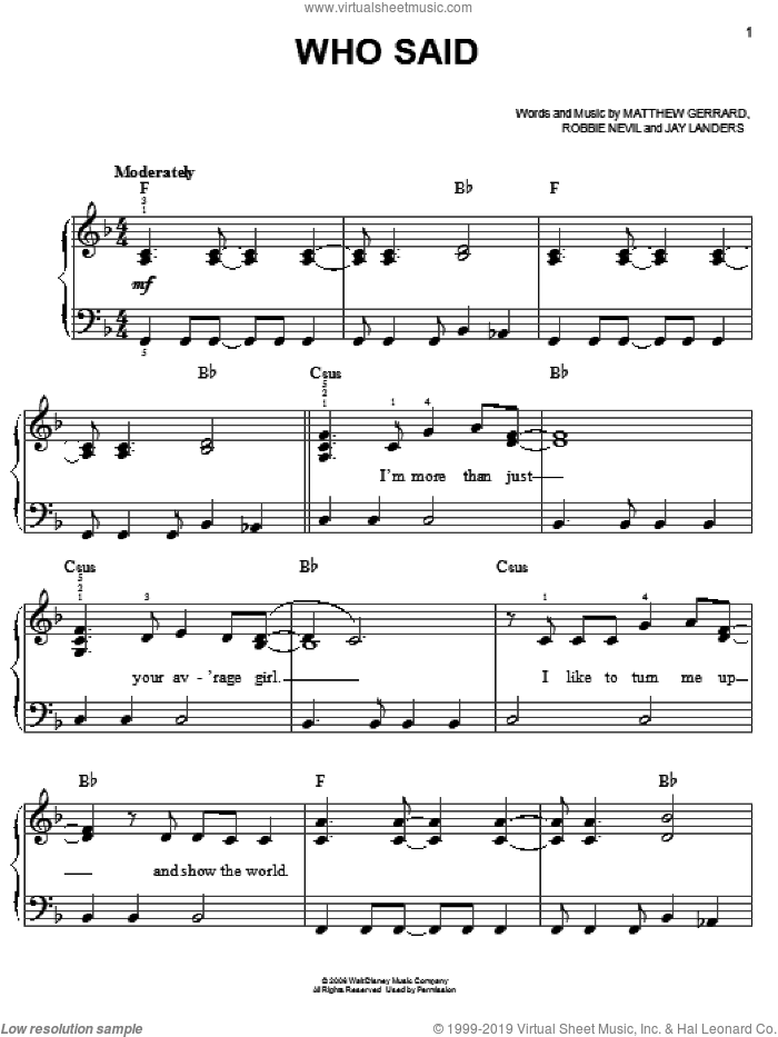 Who Said sheet music for piano solo by Hannah Montana, Miley Cyrus, Jay Landers, Matthew Gerrard and Robbie Nevil, easy skill level