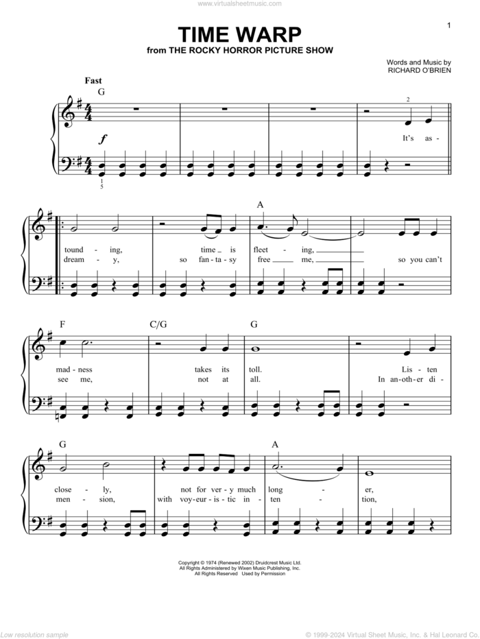 Time Warp (from The Rocky Horror Picture Show), (beginner) sheet music for piano solo by Richard O'Brien, beginner skill level