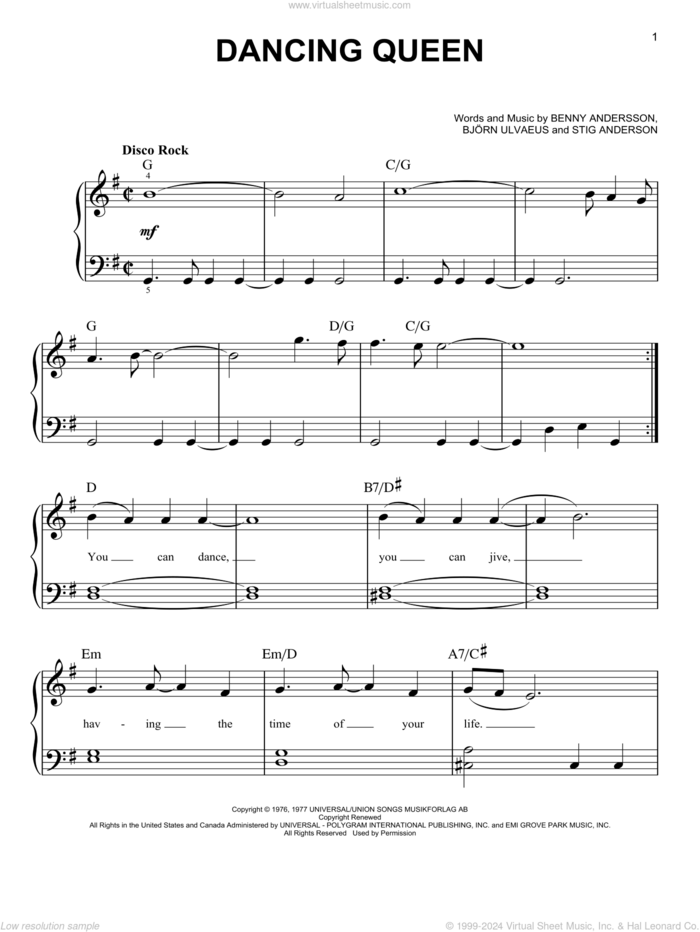 Dancing Queen, (beginner) sheet music for piano solo by ABBA, Benny Andersson, Bjorn Ulvaeus and Stig Anderson, beginner skill level