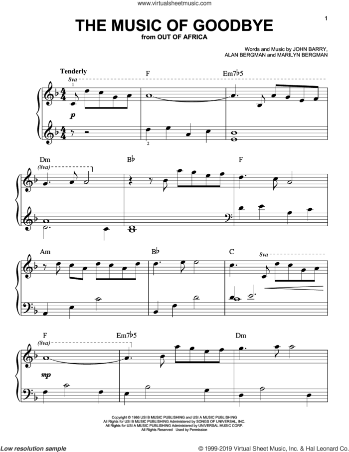 The Music Of Goodbye (from Out of Africa) sheet music for piano solo by Marilyn Bergman, Alan Bergman and John Barry, beginner skill level