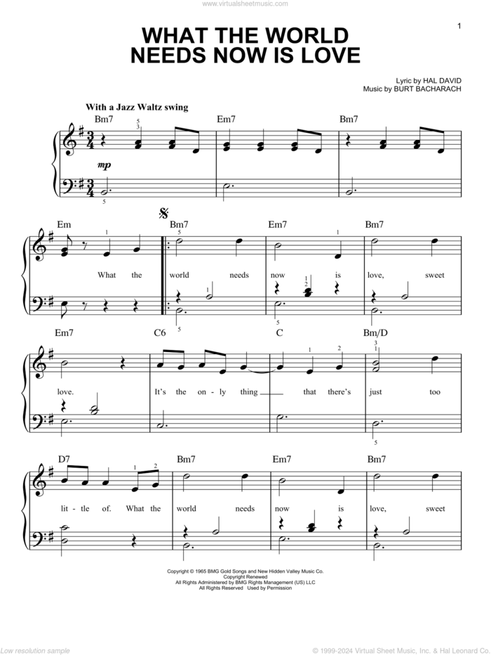 What The World Needs Now Is Love, (beginner) sheet music for piano solo by Burt Bacharach, Bacharach & David and Hal David, beginner skill level