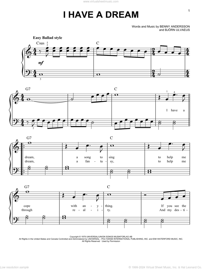 I Have A Dream, (beginner) sheet music for piano solo by ABBA, Benny Andersson and Bjorn Ulvaeus, beginner skill level