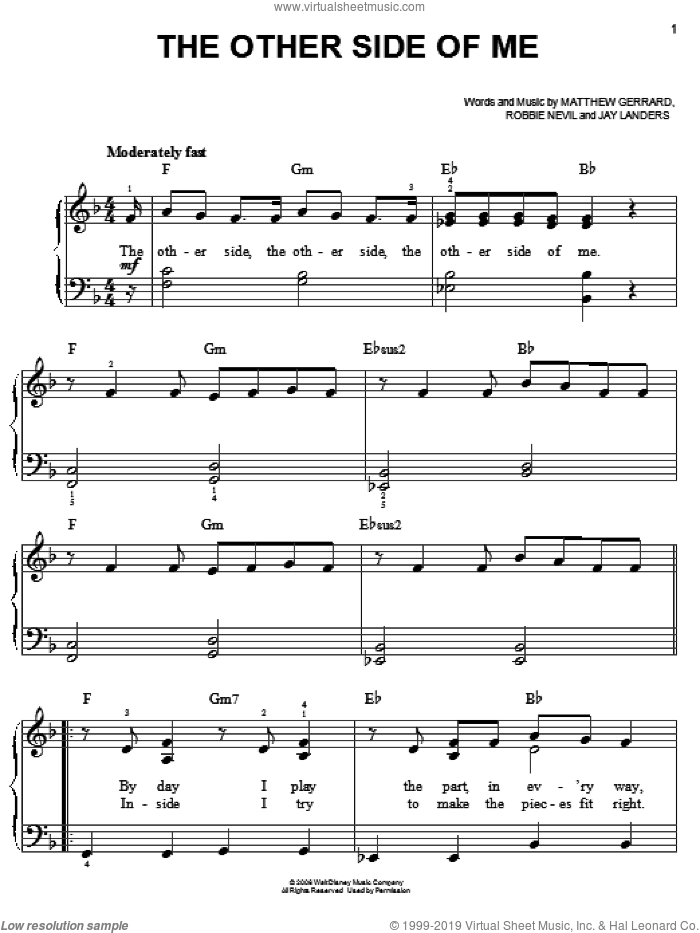 The Other Side Of Me sheet music for piano solo by Hannah Montana, Miley Cyrus, Jay Landers, Matthew Gerrard and Robbie Nevil, easy skill level