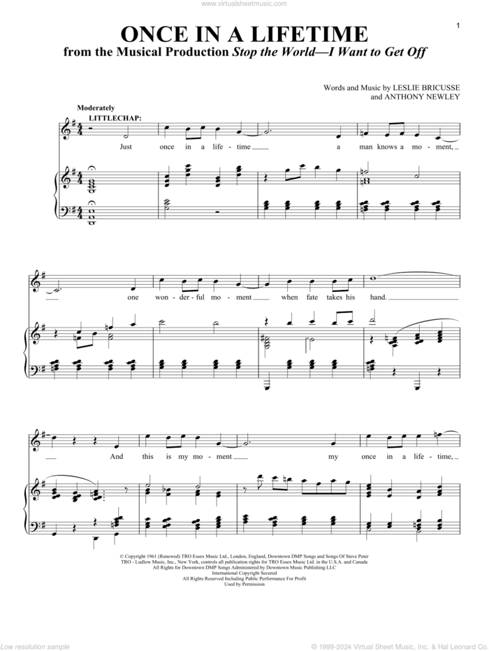 Once In A Lifetime (from the musical Stop the World - I Want to Get Off) sheet music for voice and piano by Leslie Bricusse, Richard Walters and Anthony Newley, intermediate skill level