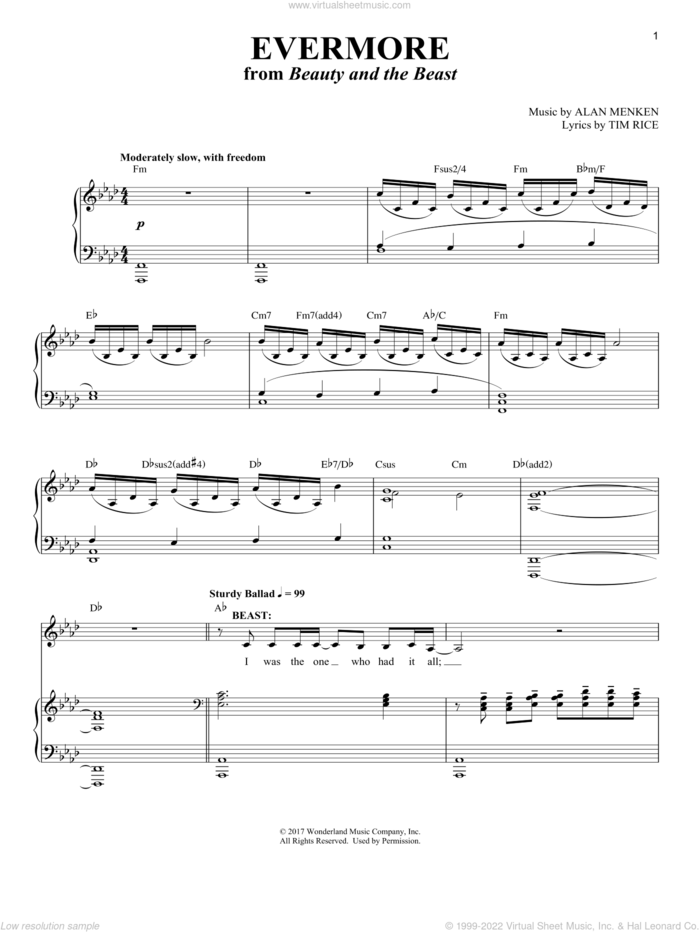 Evermore (from Beauty and the Beast) sheet music for voice and piano by Josh Groban, Richard Walters, Alan Menken and Tim Rice, intermediate skill level