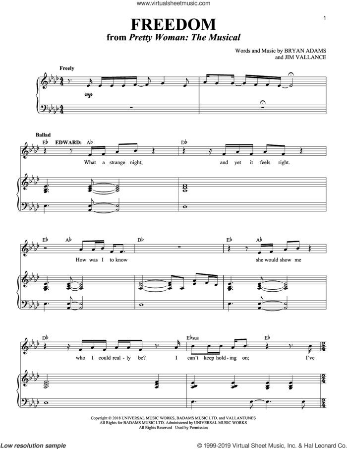 Freedom (from Pretty Woman: The Musical) sheet music for voice and piano by Bryan Adams, Richard Walters, Bryan Adams & Jim Vallance and Jim Vallance, intermediate skill level