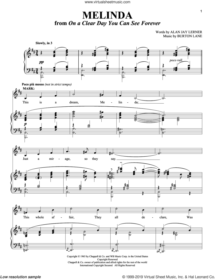 Melinda (from On a Clear Day You Can See Forever) sheet music for voice and piano by Alan Jay Lerner, Richard Walters and Burton Lane, intermediate skill level