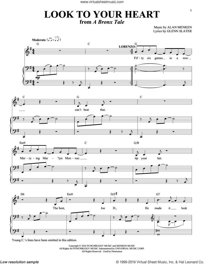 Look To Your Heart (from A Bronx Tale) sheet music for voice and piano by Alan Menken, Richard Walters and Glenn Slater, intermediate skill level