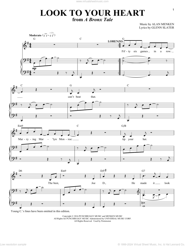 Look To Your Heart (from A Bronx Tale) sheet music for voice and piano by Alan Menken, Richard Walters and Glenn Slater, intermediate skill level