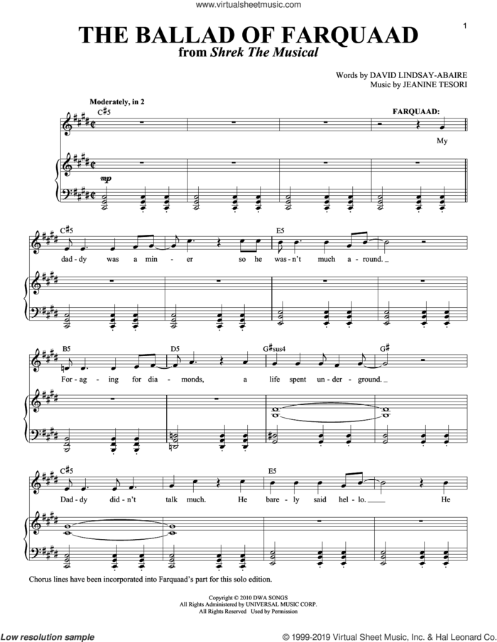 The Ballad of Farquaad (from Shrek The Musical) sheet music for voice and piano by Jeanine Tesori, Richard Walters and David Lindsay-Abaire, intermediate skill level