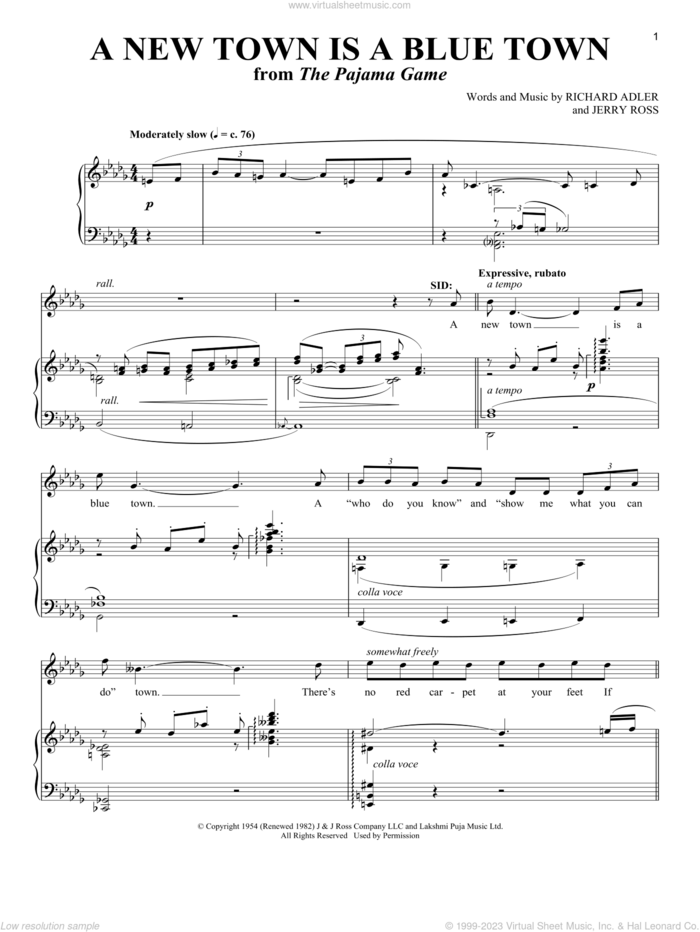 A New Town Is A Blue Town (from The Pajama Game) sheet music for voice and piano (Tenor) by Richard Adler, Richard Walters and Jerry Ross, intermediate skill level