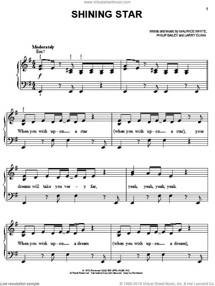Shining Star sheet music for piano solo by B Five, Earth, Wind & Fire, Hannah Montana, Yolanda Adams, Larry Dunn, Maurice White and Philip Bailey, easy skill level