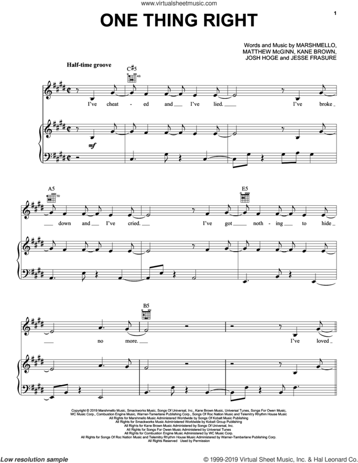 One Thing Right sheet music for voice, piano or guitar by Marshmello & Kane Brown, Jesse Frasure, Josh Hoge, Kane Brown, Marshmello and Matthew McGinn, intermediate skill level