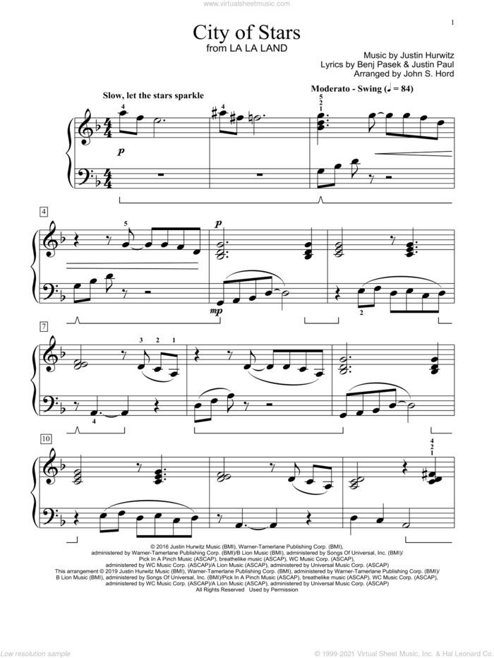 City Of Stars (from La La Land) (arr. John S. Hord) sheet music for piano solo (elementary) by Ryan Gosling & Emma Stone, John S. Hord, Benj Pasek, Justin Hurwitz and Justin Paul, beginner piano (elementary)