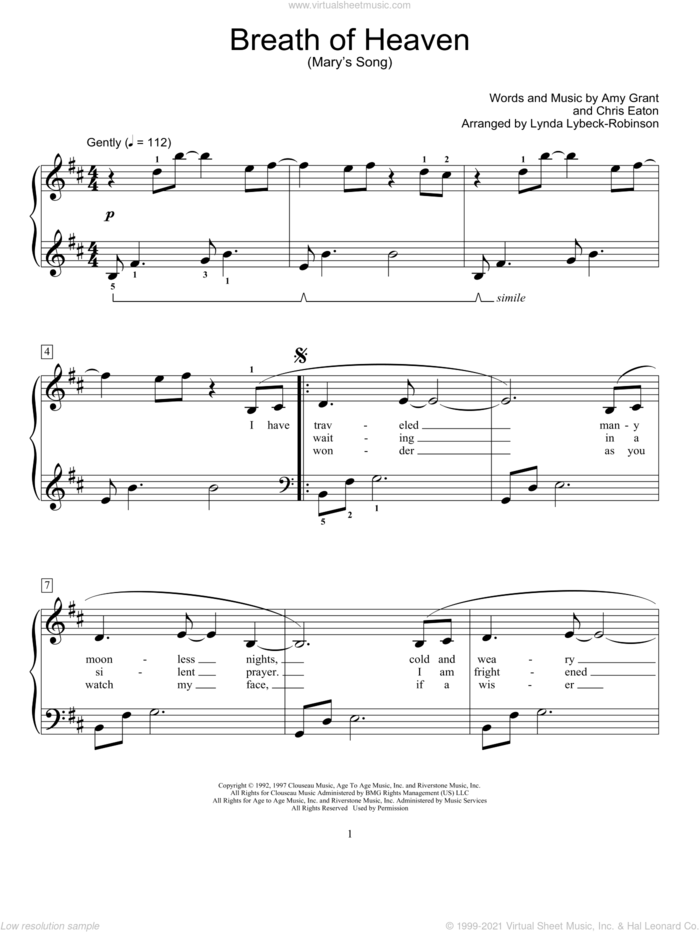 Breath Of Heaven (Mary's Song) (arr. Lynda Lybeck-Robinson) sheet music for piano solo (elementary) by Amy Grant, Lynda Lybeck-Robinson and Chris Eaton, beginner piano (elementary)
