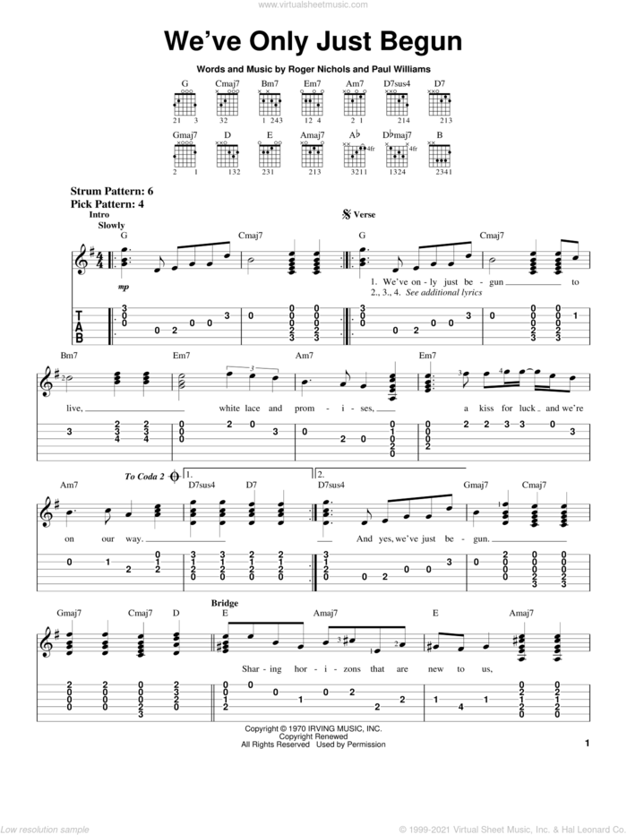 We've Only Just Begun sheet music for guitar solo (chords) by Carpenters, Paul Williams and Roger Nichols, wedding score, easy guitar (chords)