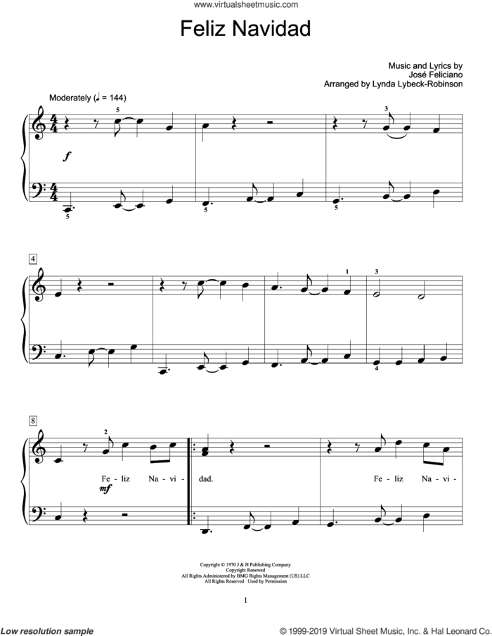 Feliz Navidad (arr. Lynda Lybeck-Robinson) sheet music for piano solo (elementary) by Jose Feliciano and Lynda Lybeck-Robinson, beginner piano (elementary)