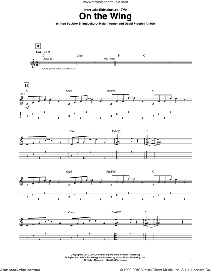 On The Wing sheet music for ukulele (tablature) by Jake Shimabukuro Trio, David Preston Amidei, Jake Shimabukuro and Nolan Verner, intermediate skill level