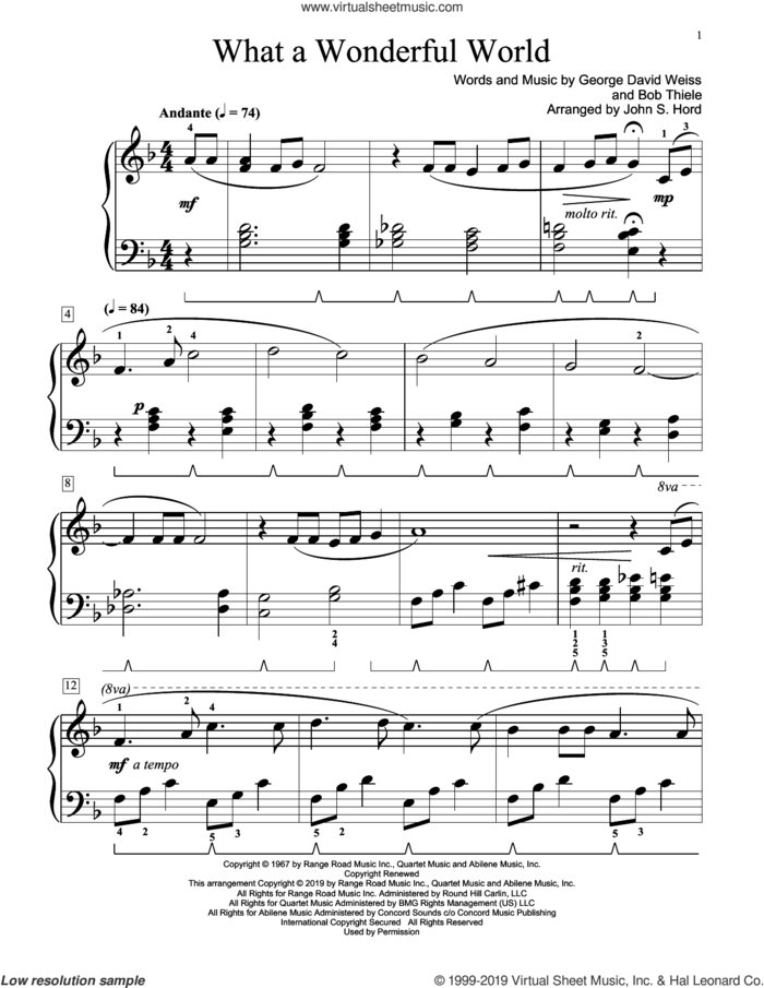 What A Wonderful World (arr. John S. Hord) sheet music for piano solo (elementary) by Louis Armstrong, John S. Hord, Bob Thiele and George David Weiss, beginner piano (elementary)