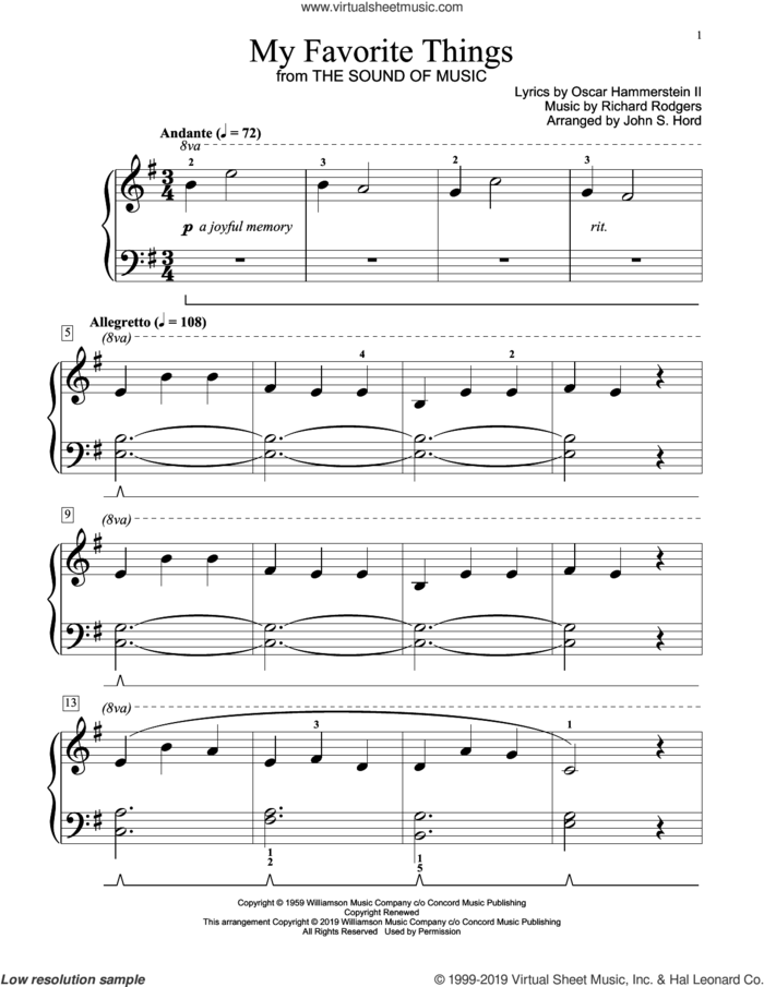 My Favorite Things (from The Sound Of Music) (arr. John S. Hord) sheet music for piano solo (elementary) by Richard Rodgers, John S. Hord, Oscar II Hammerstein and Rodgers & Hammerstein, beginner piano (elementary)