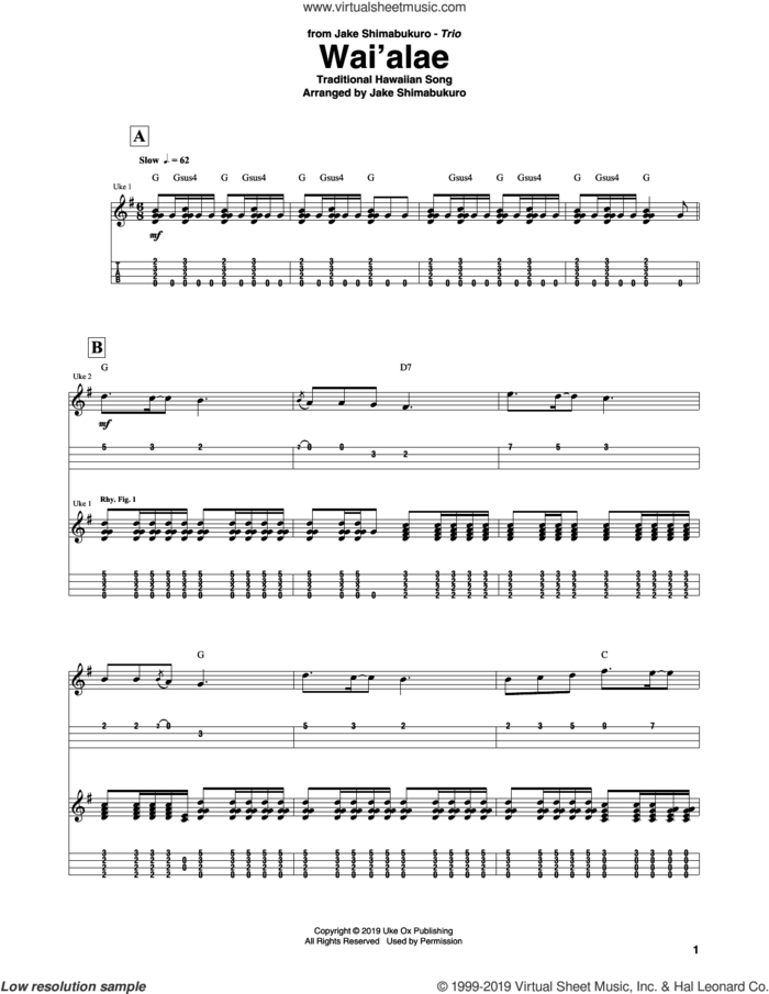 Wai'alae sheet music for ukulele (tablature) by Jake Shimabukuro Trio and Traditional Hawaiian Song, intermediate skill level