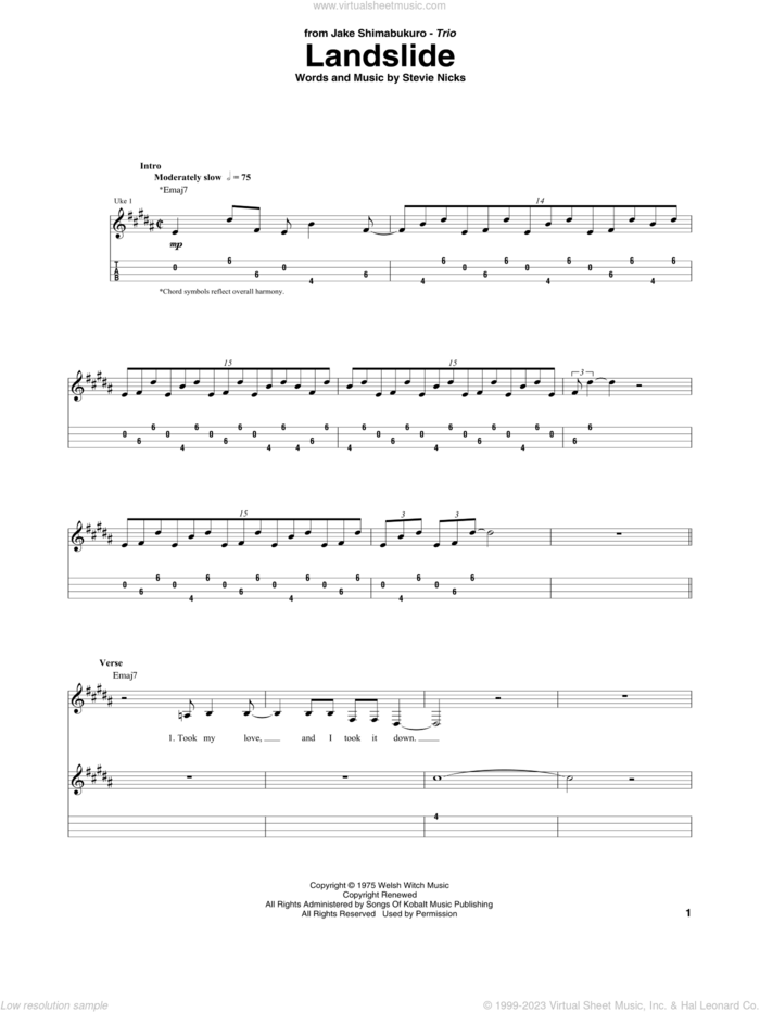 Landslide (arr. Jake Shimabukuro Trio) sheet music for ukulele (tablature) by Fleetwood Mac, Jake Shimabukuro Trio and Stevie Nicks, intermediate skill level