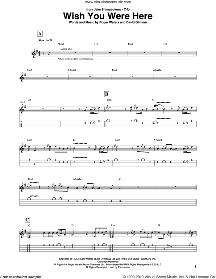 Wish You Were Here (arr. Jake Shimabukuro Trio) sheet music for ukulele (tablature) by Pink Floyd, Jake Shimabukuro Trio, David Gilmour and Roger Waters, intermediate skill level