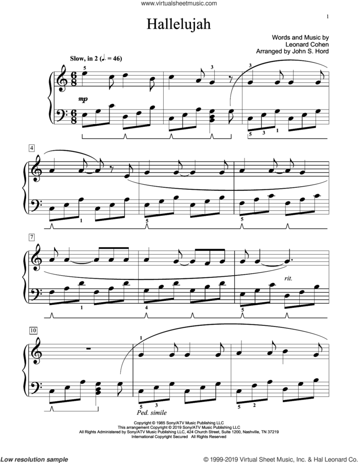 Hallelujah (arr. John S. Hord) sheet music for piano solo (elementary) by Leonard Cohen and John S. Hord, beginner piano (elementary)