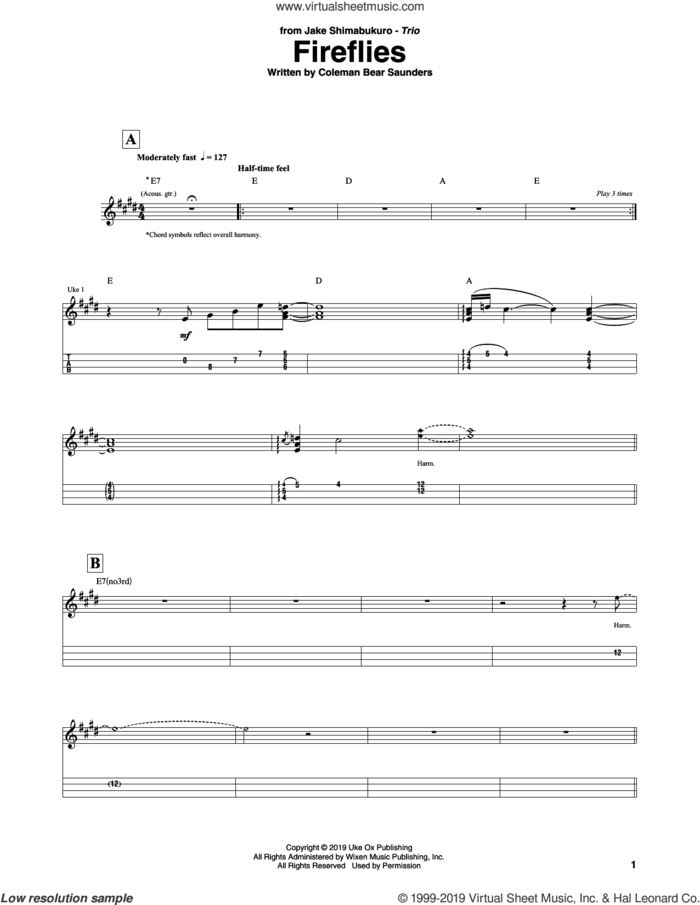 Fireflies sheet music for ukulele (tablature) by Jake Shimabukuro Trio and Coleman Bear Saunders, intermediate skill level