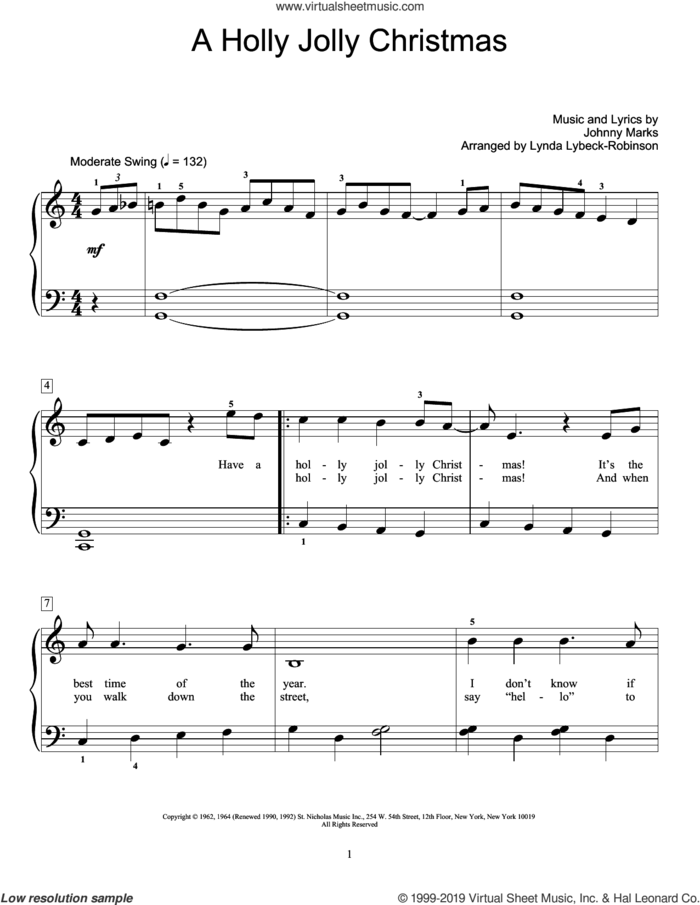 A Holly Jolly Christmas (arr. Lynda Lybeck-Robinson) sheet music for piano solo (elementary) by Johnny Marks and Lynda Lybeck-Robinson, beginner piano (elementary)