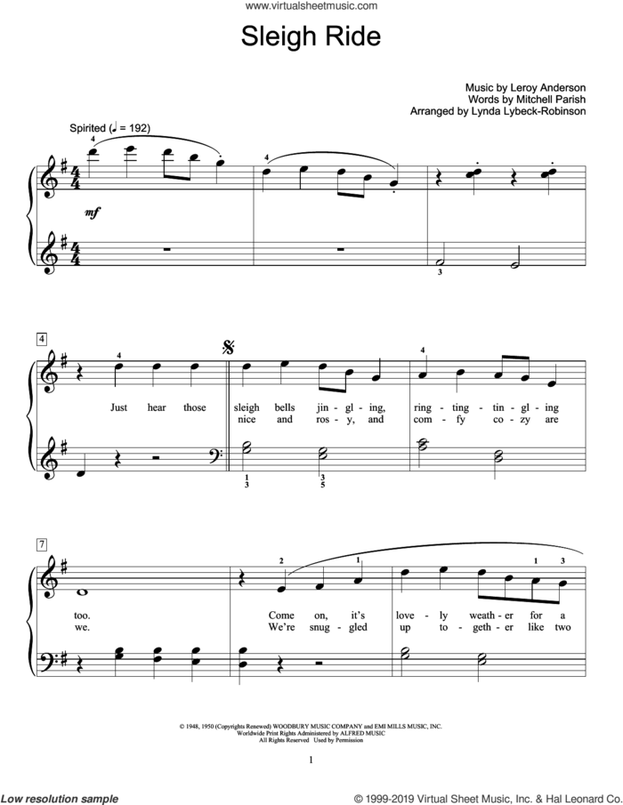 Sleigh Ride (arr. Lynda Lybeck-Robinson) sheet music for piano solo (elementary) by Mitchell Parish, Lynda Lybeck-Robinson and Leroy Anderson, beginner piano (elementary)