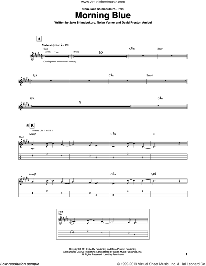 Morning Blue sheet music for ukulele (tablature) by Jake Shimabukuro Trio, David Preston Amidei, Jake Shimabukuro and Nolan Verner, intermediate skill level
