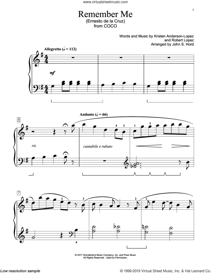 Remember Me (Ernesto de la Cruz) (from Coco) (arr. John S. Hord) sheet music for piano solo (elementary) by Robert Lopez, John S. Hord, Kristen Anderson-Lopez and Kristen Anderson-Lopez & Robert Lopez, beginner piano (elementary)