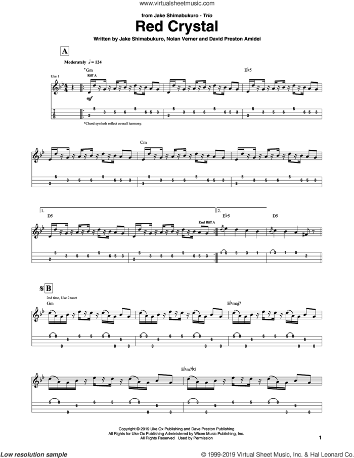 Red Crystal sheet music for ukulele (tablature) by Jake Shimabukuro Trio, David Preston Amidei, Jake Shimabukuro and Nolan Verner, intermediate skill level