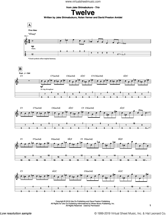 Twelve sheet music for ukulele (tablature) by Jake Shimabukuro Trio, David Preston Amidei, Jake Shimabukuro and Nolan Verner, intermediate skill level