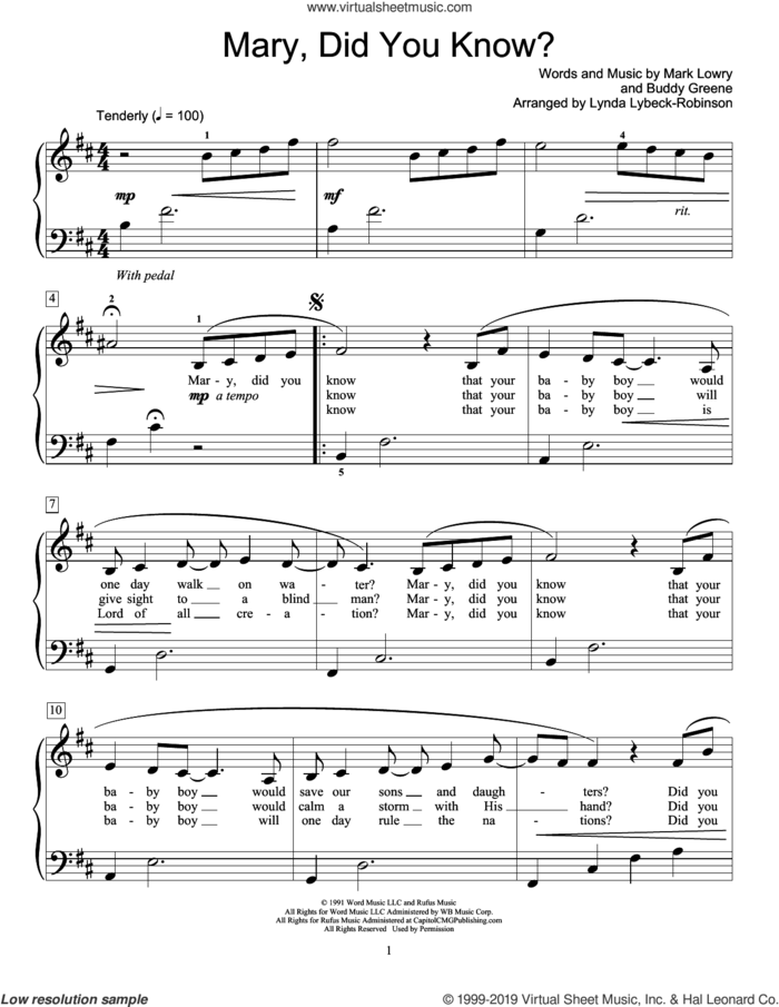 Mary, Did You Know? (arr. Lynda Lybeck-Robinson) sheet music for piano solo (elementary) by Buddy Greene, Lynda Lybeck-Robinson and Mark Lowry, beginner piano (elementary)