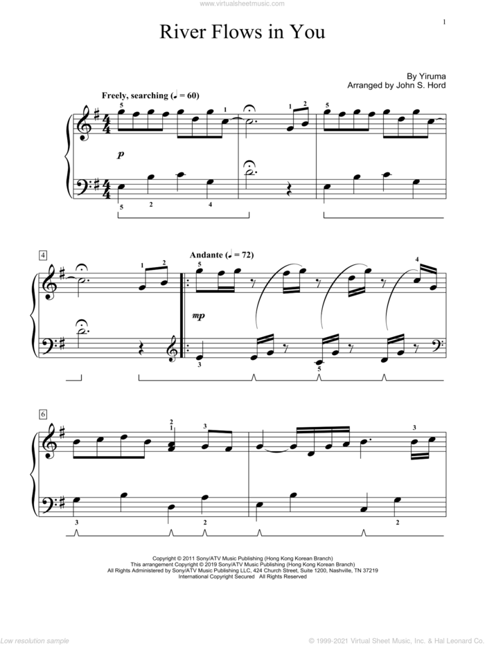 River Flows In You (arr. John S. Hord) sheet music for piano solo (elementary) by Yiruma and John S. Hord, beginner piano (elementary)