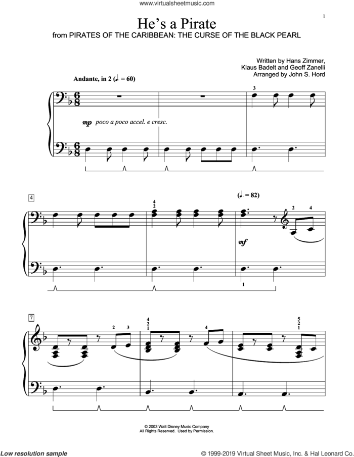 He's A Pirate (from Pirates Of The Caribbean: The Curse of the Black Pearl) (arr. John S. Hord) sheet music for piano solo (elementary) by Hans Zimmer, John S. Hord, Geoffrey Zanelli and Klaus Badelt, beginner piano (elementary)