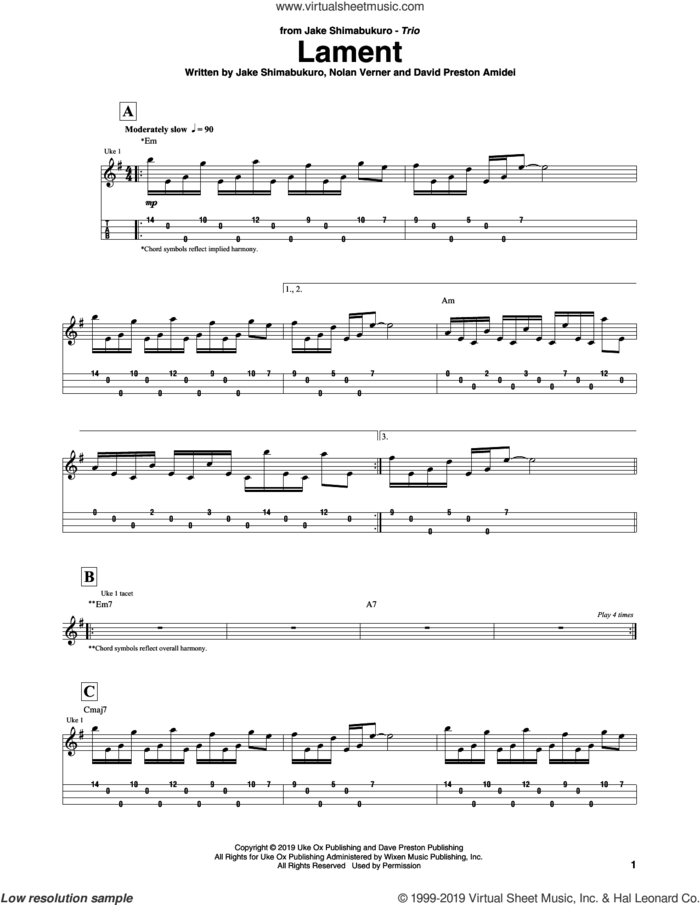 Lament sheet music for ukulele (tablature) by Jake Shimabukuro Trio, David Preston Amidei, Jake Shimabukuro and Nolan Verner, intermediate skill level