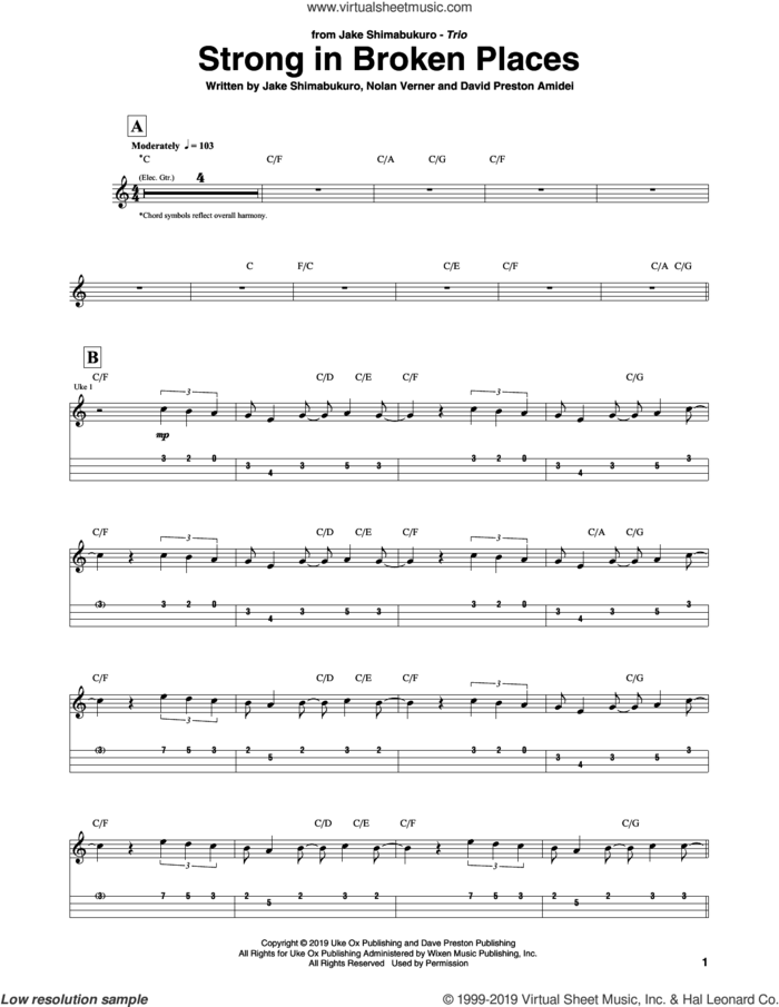 Strong In Broken Places sheet music for ukulele (tablature) by Jake Shimabukuro Trio, David Preston Amidei, Jake Shimabukuro and Nolan Verner, intermediate skill level