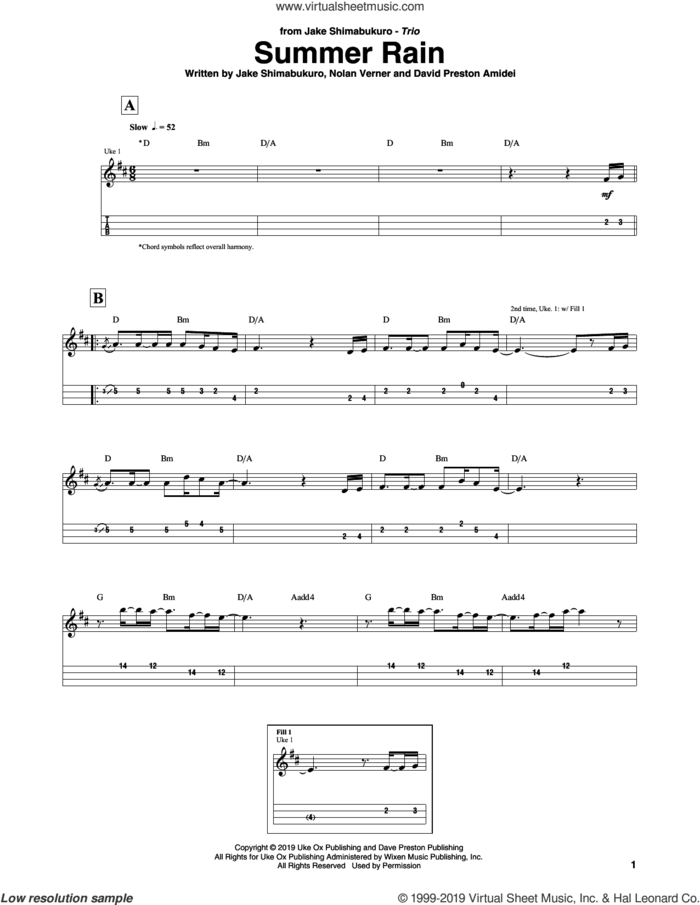 Summer Rain sheet music for ukulele (tablature) by Jake Shimabukuro Trio, David Preston Amidei, Jake Shimabukuro and Nolan Verner, intermediate skill level