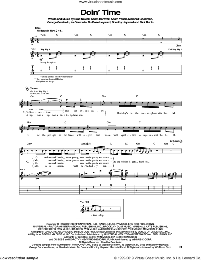 Doin' Time sheet music for guitar (tablature) by Sublime, Brad Nowell, Dorothy Hayward, DuBois Hayward, George Gershwin, Ira Gershwin and Marshall Goodman, intermediate skill level