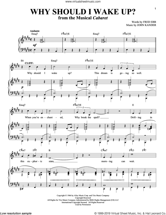 Why Should I Wake Up? (from Cabaret) sheet music for voice and piano by Kander & Ebb, Richard Walters, Fred Ebb and John Kander, intermediate skill level