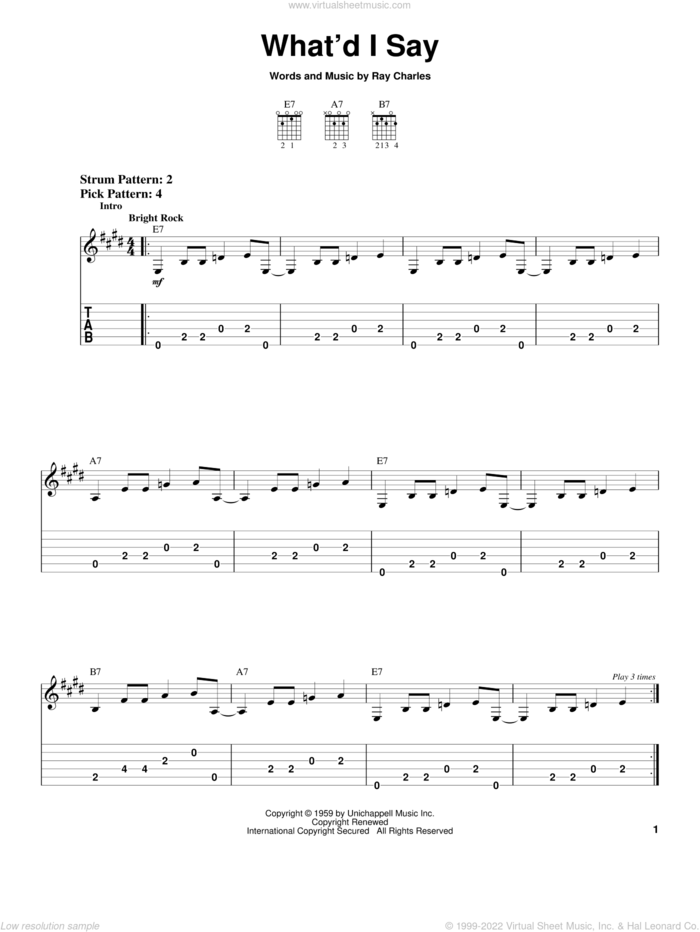 What'd I Say sheet music for guitar solo (chords) by Ray Charles, easy guitar (chords)