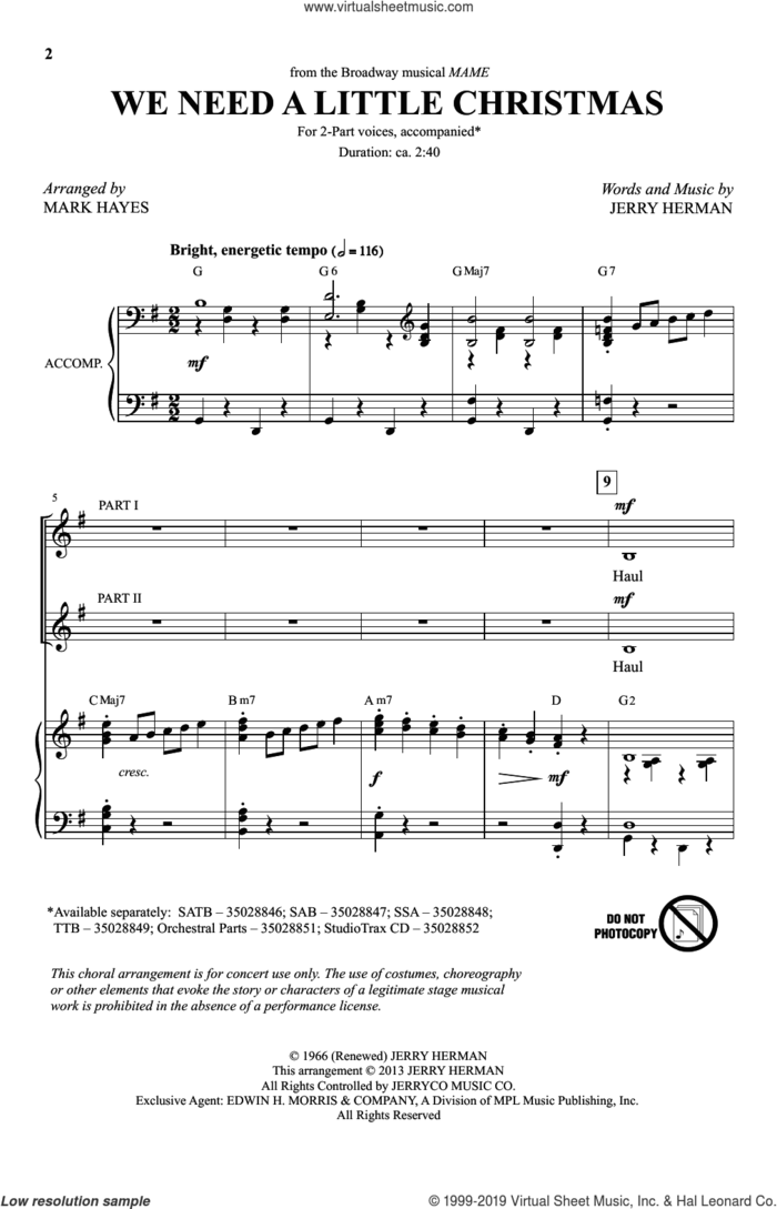 We Need A Little Christmas (from Mame) (arr. Mark Hayes) sheet music for choir (2-Part) by Jerry Herman and Mark Hayes, intermediate duet