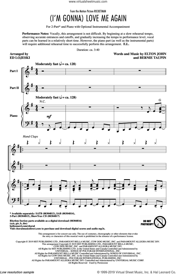 (I'm Gonna) Love Me Again (from Rocketman) (arr. Ed Lojeski) sheet music for choir (2-Part) by Elton John & Taron Egerton, Ed Lojeski, Bernie Taupin and Elton John, intermediate duet