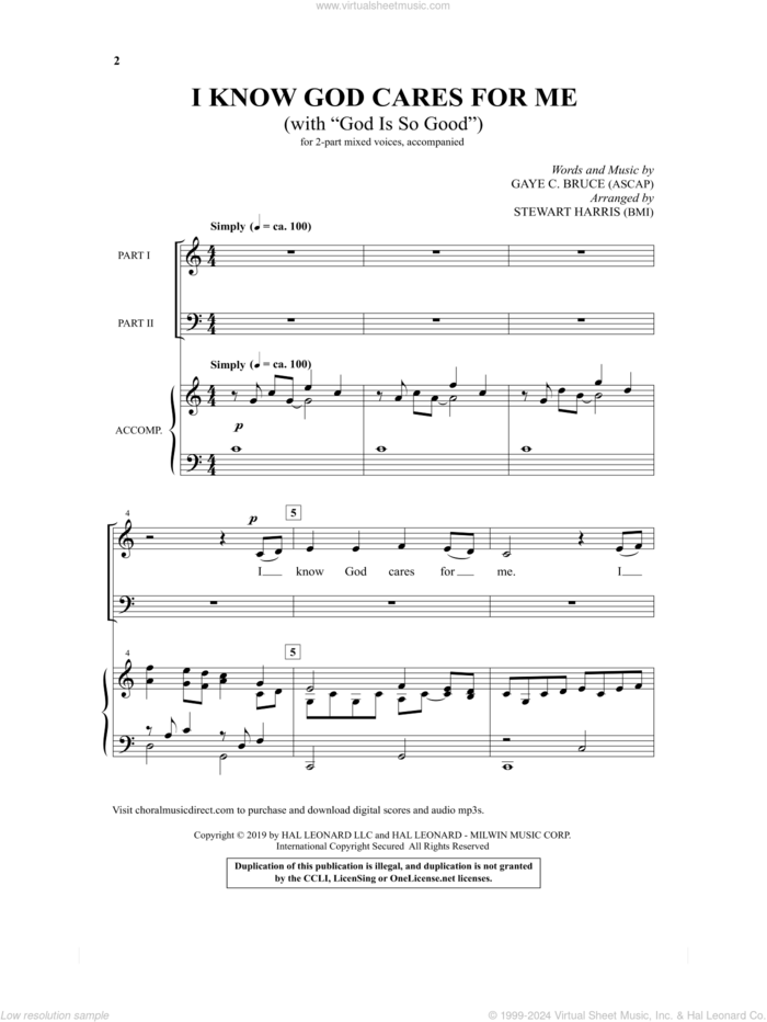 I Know God Cares For Me (with 'God Is So Good') (arr. Stewart Harris) sheet music for choir (2-Part) by Gaye C. Bruce and Stewart Harris, intermediate duet