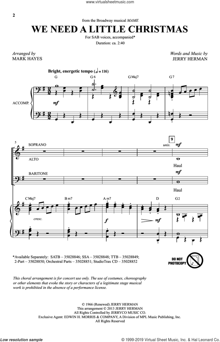We Need A Little Christmas (from Mame) (arr. Mark Hayes) sheet music for choir (SAB: soprano, alto, bass) by Jerry Herman and Mark Hayes, intermediate skill level