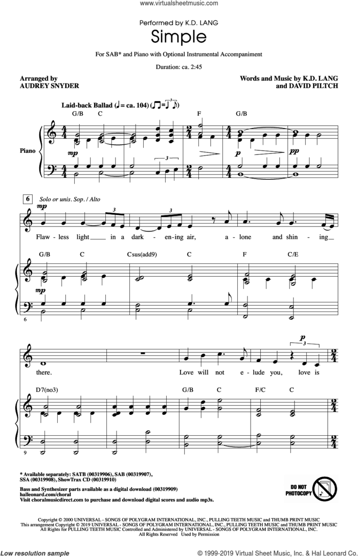 Simple (arr. Audrey Snyder) sheet music for choir (SAB: soprano, alto, bass) by k.d. lang, Audrey Snyder and David Piltch, intermediate skill level